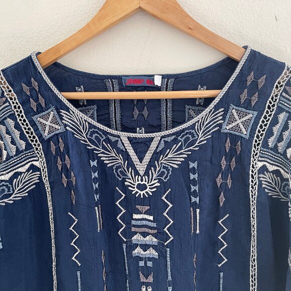 JOHNNY WAS Intricately Embroidered Dark Blue Top: Size Small (Runs LARGE!!) - Picture 2 of 8